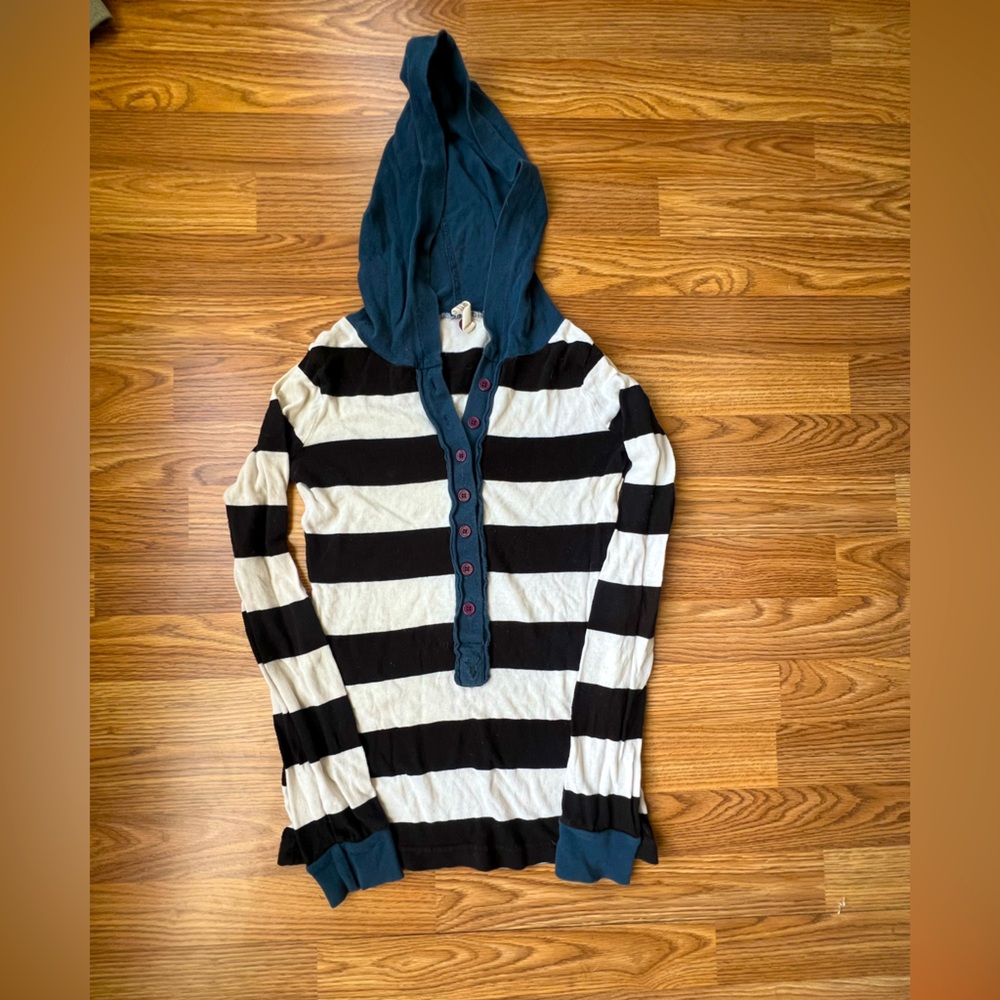 Free People Black Blue Stripe Button Long Sleeve Shirt Hoodie women’s XS